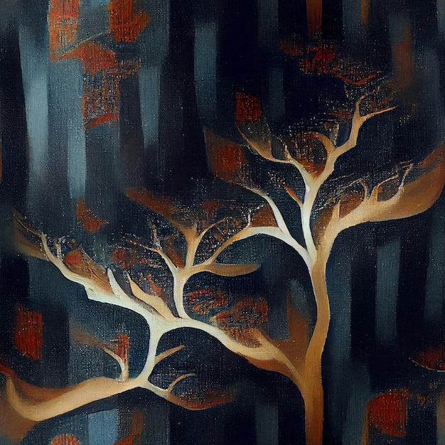 Une peinture d'un arbre avec des feuilles d'oranger et les mots le mot dessus