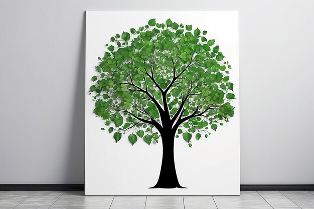 une peinture d'un arbre avec des feuilles vertes dessus