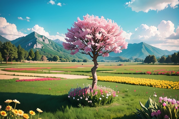 Une peinture d'un arbre avec une fleur rose au milieu de celui-ci