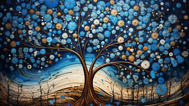 une peinture d'un arbre avec des fleurs bleues