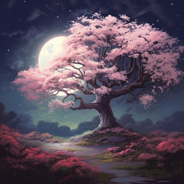 peinture d'un arbre avec des fleurs roses au premier plan et une pleine lune en arrière-plan IA générative