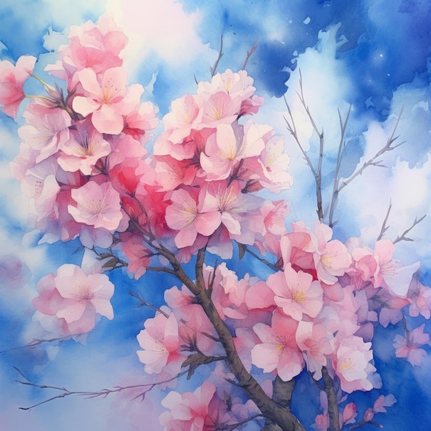 Peinture d'un arbre à fleurs roses contre un ciel bleu ai générative