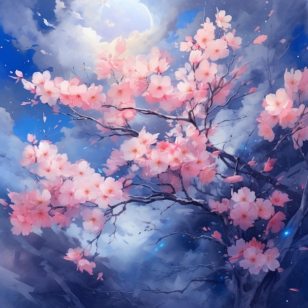 Peinture d'un arbre avec des fleurs roses dans le ciel avec une pleine lune ai générative