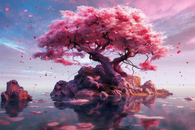 Une peinture d'un arbre avec des fleurs roses dessus