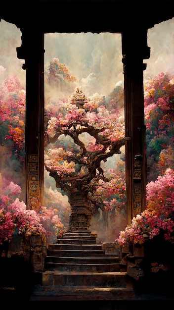 Une peinture d'un arbre avec des fleurs roses dessus