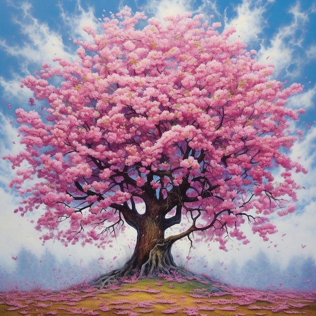 Une peinture d'un arbre avec des fleurs roses dessus