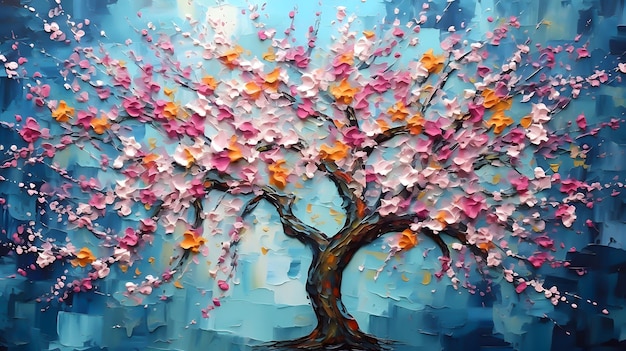 Une peinture d'un arbre à fleurs roses