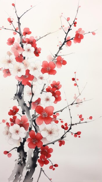 Une peinture d'un arbre avec des fleurs rouges et blanches