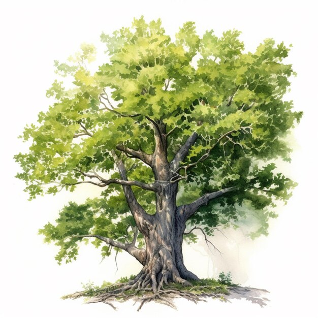Photo une peinture d'un arbre avec un grand tronc et des feuilles vertes ai générative