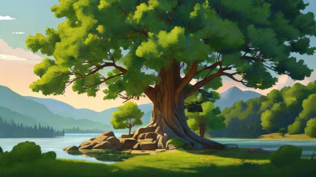 une peinture d'un arbre avec un lac en arrière-plan