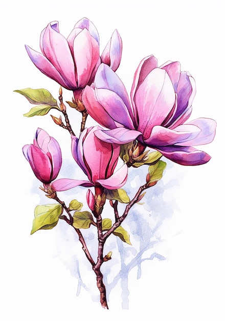 Une peinture d'un arbre de magnolia avec des fleurs roses.