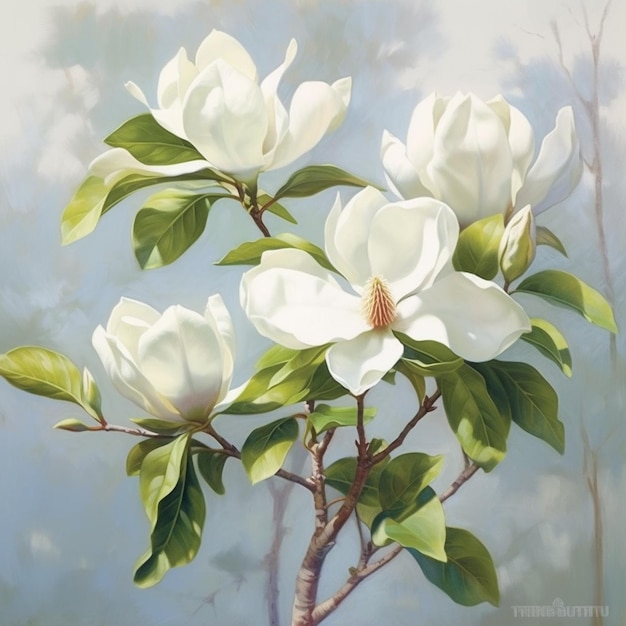 Une peinture d'un arbre de magnolia avec des fleurs