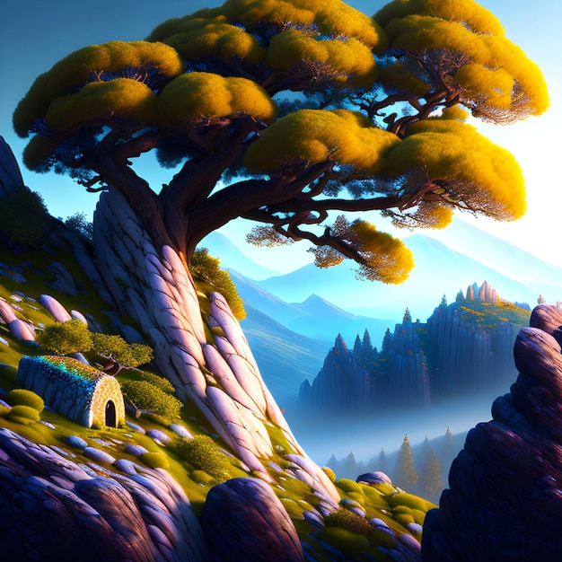 Une peinture d'un arbre avec une montagne en arrière-plan