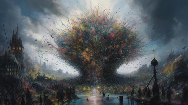 Une peinture d'un arbre avec le mot feu dessus