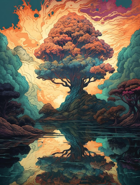 Une peinture d'un arbre avec les mots "l'arbre" dessus.