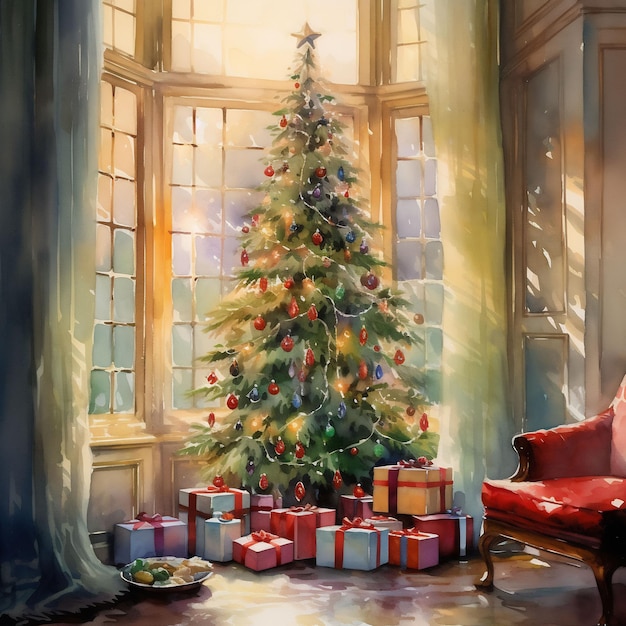 une peinture d'un arbre de Noël avec des cadeaux devant une fenêtre