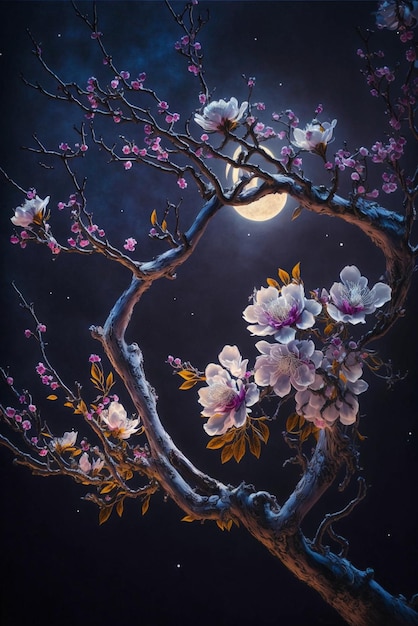 Peinture d'un arbre avec une pleine lune en arrière-plan ai générative