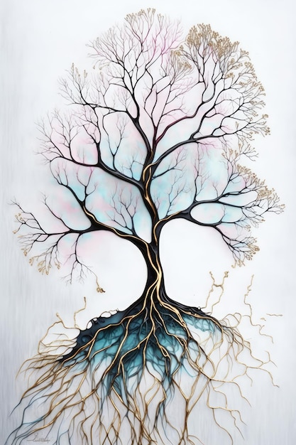 Une peinture d'un arbre avec les racines de l'arbre et les mots "l'arbre" dessus.