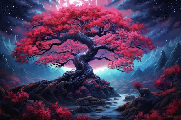 Une peinture d'un arbre avec une rivière en arrière-plan