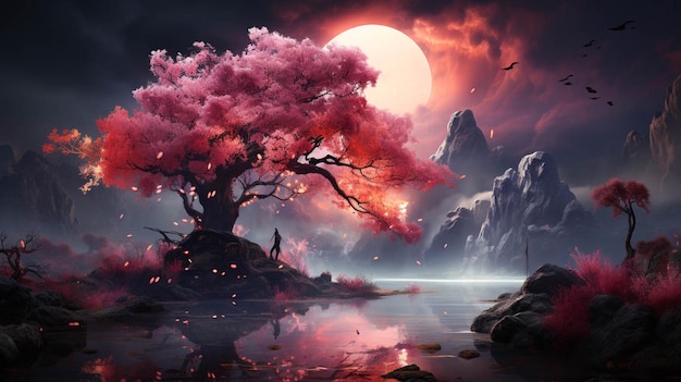 Une peinture d'un arbre rose avec la lune sur un fond de paysage de petite île