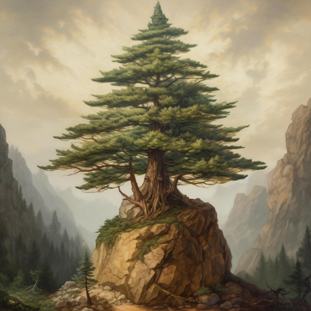 peinture d'un arbre solitaire sur un rocher dans un paysage montagneux