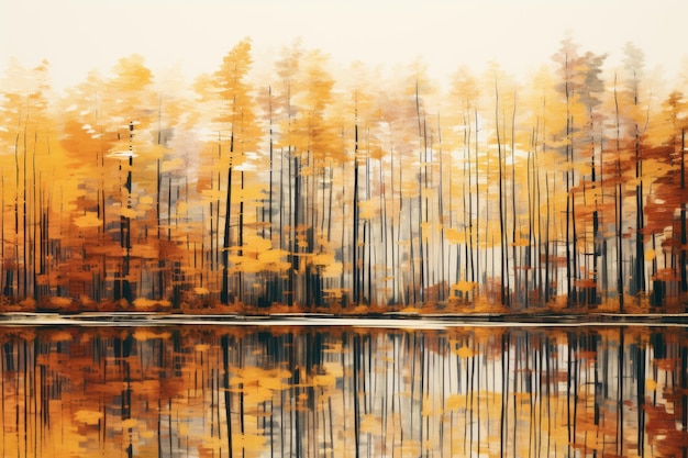 une peinture d'arbres d'automne se reflétant dans un lac