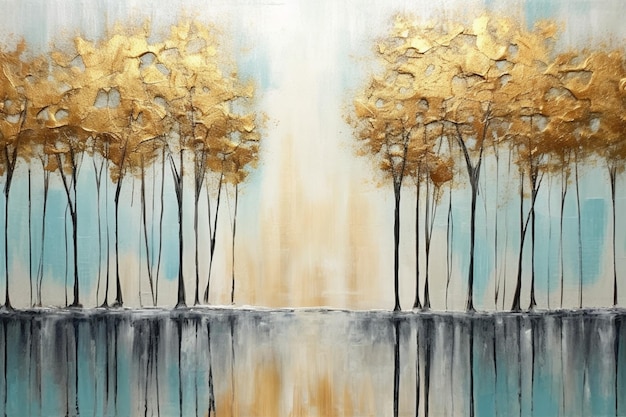 Une peinture d'arbres aux feuilles d'or