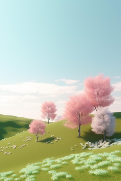 Une peinture d'arbres roses avec un ciel bleu en arrière-plan.