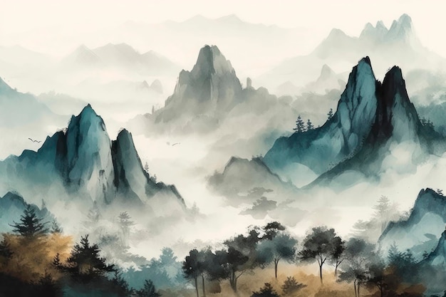 Peinture d'arbres rouges et d'une rivière dans le style du paysage chinois traditionnel