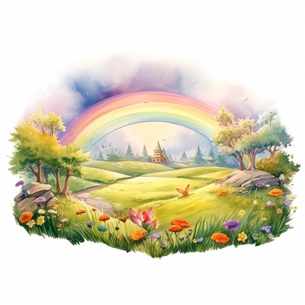 Peinture d'un arc-en-ciel sur un champ avec des fleurs et des arbres générative ai