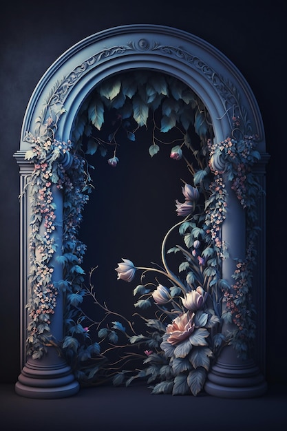 Une peinture d'une arche avec des fleurs et des feuilles dessus.