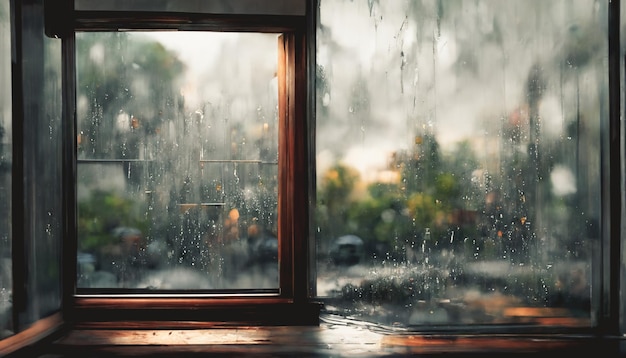 Peinture d'art numérique de rendu 3D de la vue de la fenêtre de la fenêtre pluvieuse avec la pluie à l'extérieur