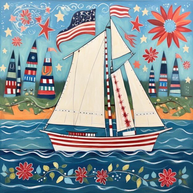 peinture d'art populaire d'un voilier décoré pour le quatrième