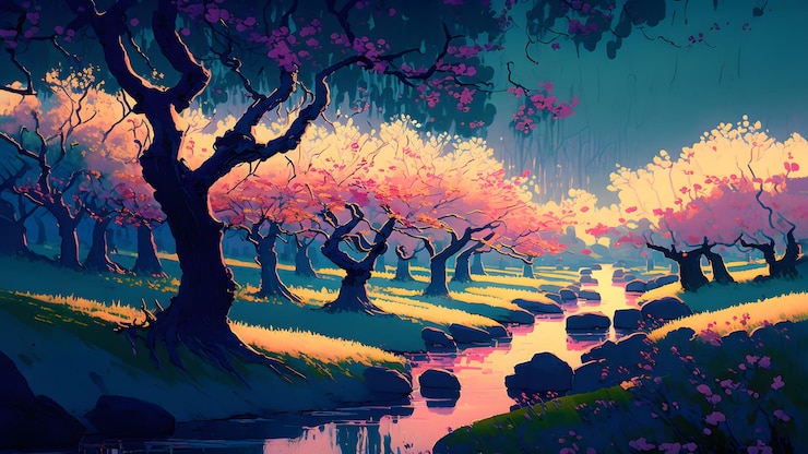 Photo peinture artistique en 2d d'un paysage printanier avec des arbres en fleurs et un art généré par un réseau neuronal de petite rivière