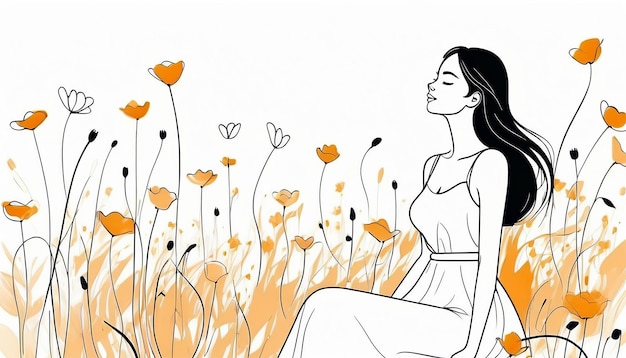 Peinture artistique d'une jeune femme dans une prairie d'été en fleurs