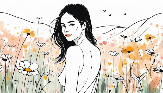 Peinture artistique d'une jeune femme dans une prairie d'été en fleurs