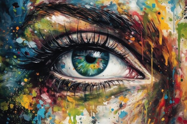 Peinture artistique d'un œil de femme avec des éclaboussures de peinture style de peinture acrylique ai générative