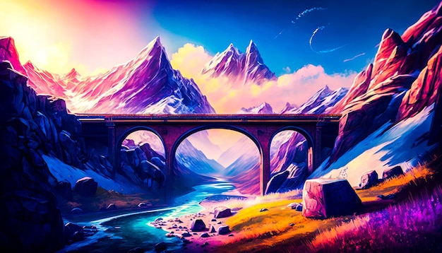 Une peinture artistique d'un pont sur une rivière avec des montagnes en arrière-plan