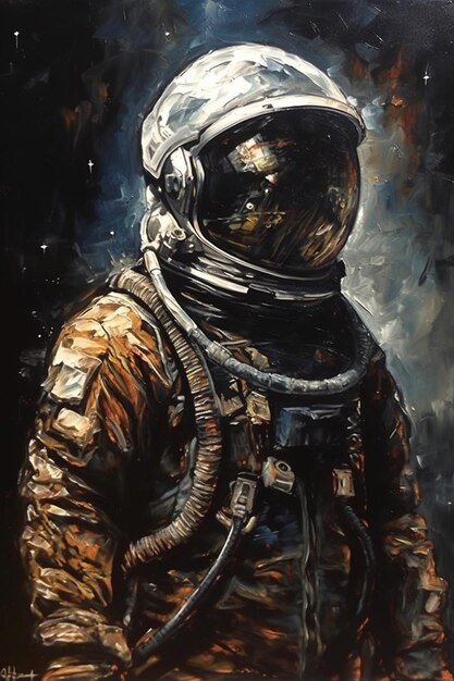 Une peinture d'un astronaute avec un casque dessus.
