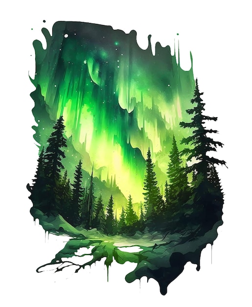 Une peinture au feu vert d'une forêt avec un feu vert au-dessus.