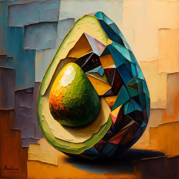 peinture d'un avocado avec un morceau de papier coupé en deux ai génératif