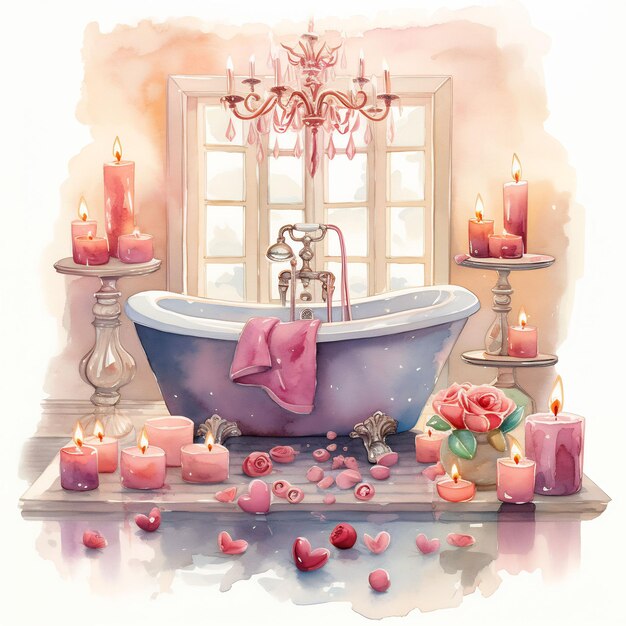 une peinture d'une baignoire avec des bougies et des fleurs dessus