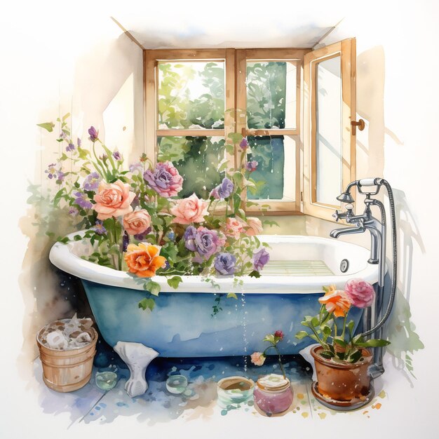 une peinture d'une baignoire avec des fleurs dedans