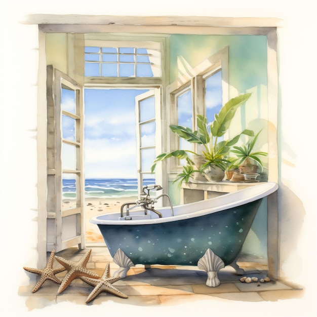 une peinture d'une baignoire avec une image d'une fenêtre et une fenêtre avec l'océan en arrière-plan