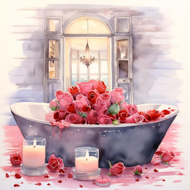 une peinture d'une baignoire avec des roses et des bougies.