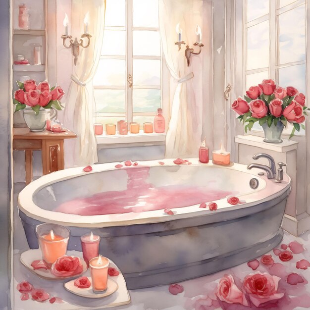 une peinture d'une baignoire avec des roses roses dessus