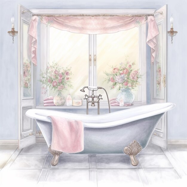 peinture d'une baignoire avec une serviette rose et un vase de fleurs ai générative