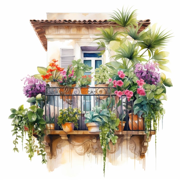 Peinture d'un balcon avec des plantes en pot et une rambarde de balcon ai générative
