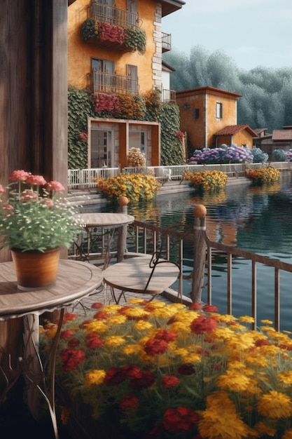 Une peinture d'un balcon avec vue sur un lac et des fleurs.
