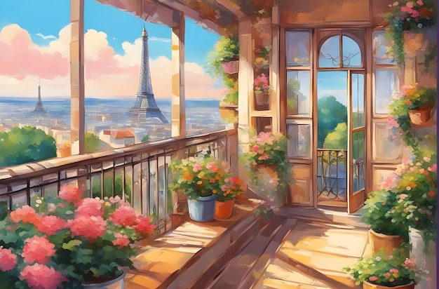 une peinture d'un balcon avec vue sur la ville.